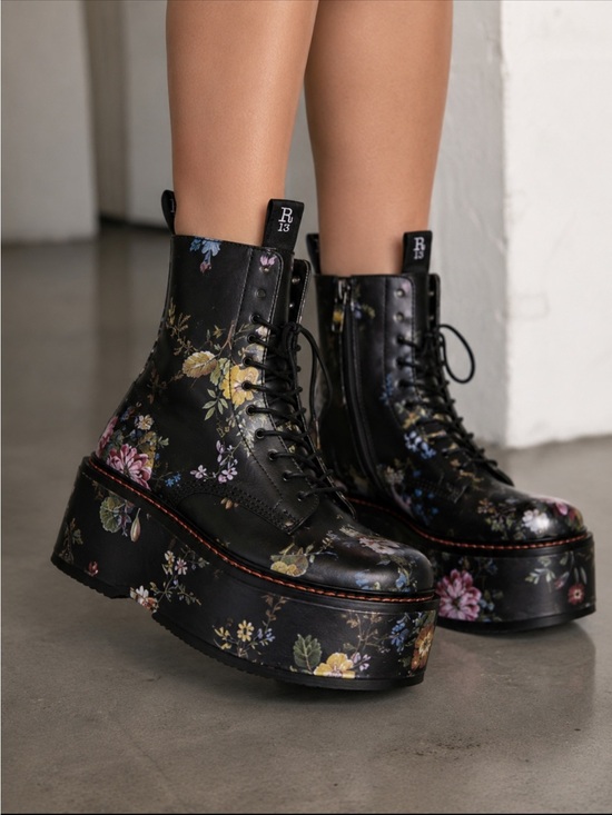 R13 Shoes - New R13 Double Stack Black Floral Platform Boots Size 39